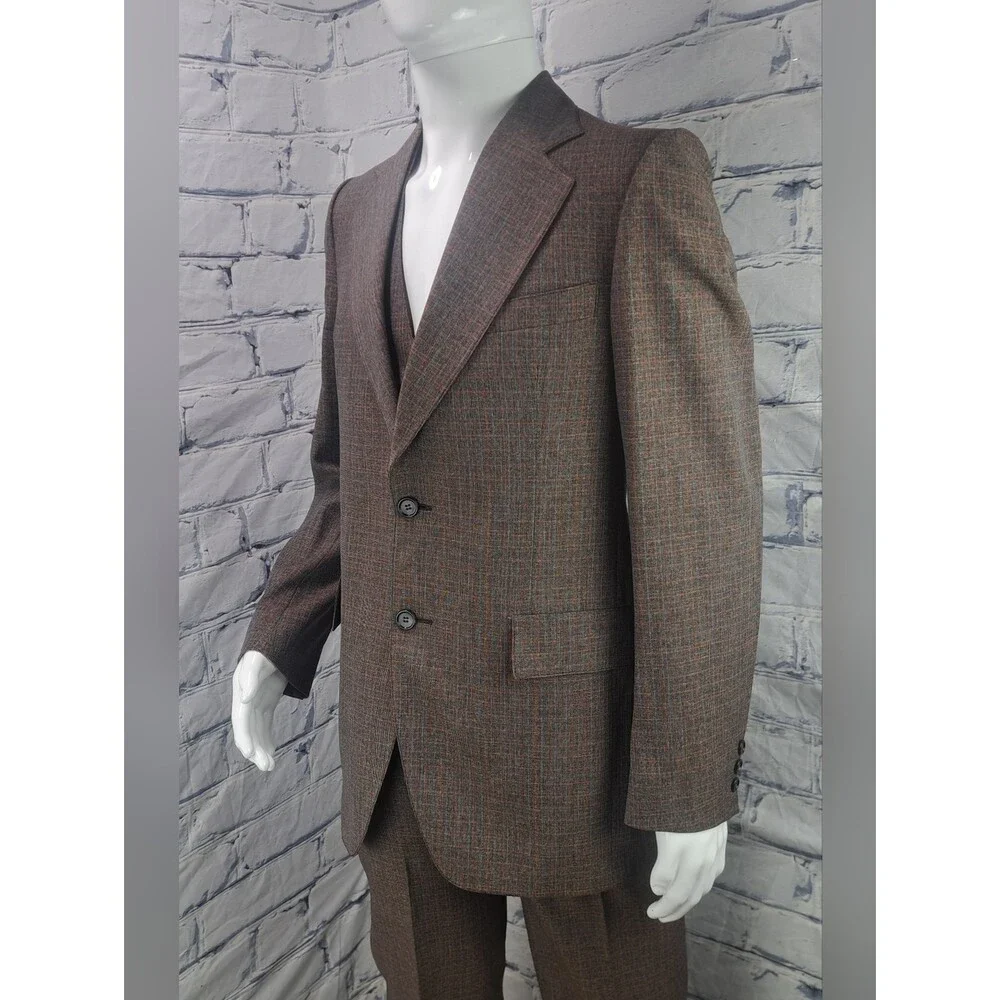 Vintage 70s 80s Men's 3 Piece Suit Brown Check Canvassed Flare Leg 40L 38L 34W